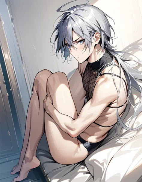 absurdres, highres, ultra detailed, super fine illustration, best quality, 1boy, perfect anatomy, male focus, solo, (dark-skinned:0.8) male, silver hair, long hair, black bikini, bare shoulders, bare arms, bare legs, &lt;lora:_L2090:-0.6&gt; &lt;lora:flat:...