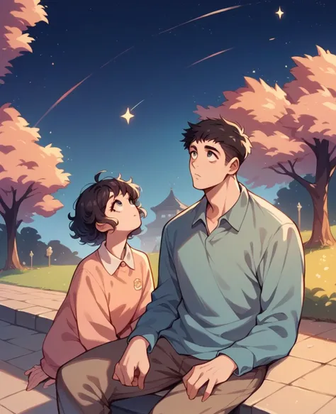 A cute girl with short curly black hair sitting next to a Chinese guy with black hair looking up at the night sky with thousands of stars around her super beautiful sitting in a park looking up at the beautiful dusk