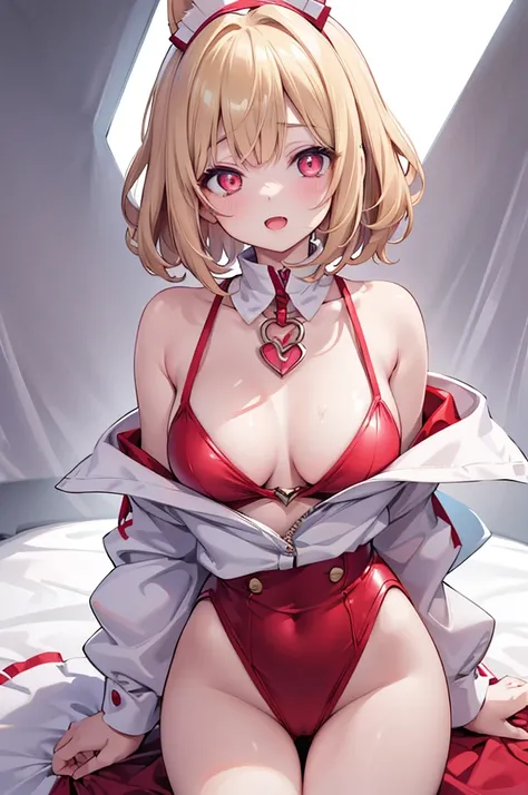 One girl、A little sexy、shiny blonde hair, Bobcut,Curly Hair、Dog ears、Red sparkling eyes、detailed cute eyes,(glowing eyes:1.4),laugh heartily,((Droopy eyes))、22 years old,nurses outfit,posing,skinny body shape,short of a person,heart shaped pupils,smiling,o...