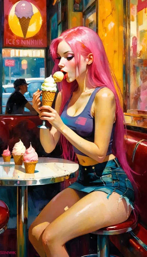 sexy girl, long pink hair, tight miniskirt, plain tank top, marked nipples, eats ice cream in an ice cream parlor,(art inspired by Bill Sienkiewicz). oil painting)