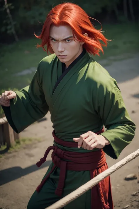 create a red-haired Kaisen jujutsu character with green eyes