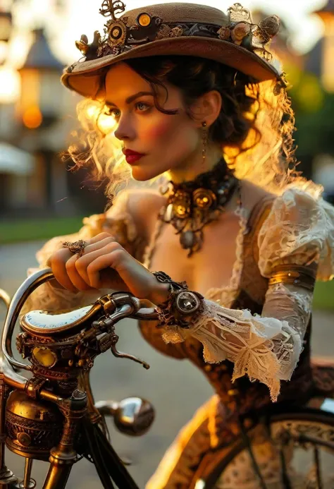 a close-up shot of a ravishing woman, donning a stunning steampunk ensemble with intricate brass accents and delicate lace detai...