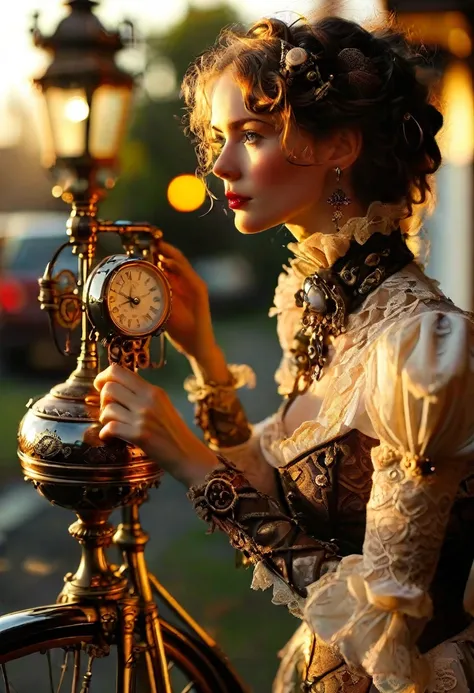 A close-up shot of a ravishing woman, donning a stunning steampunk ensemble with intricate brass accents and delicate lace details, perches elegantly on the handlebars of an elaborately crafted, Victorian-inspired bicycle. The warm golden light of a settin...