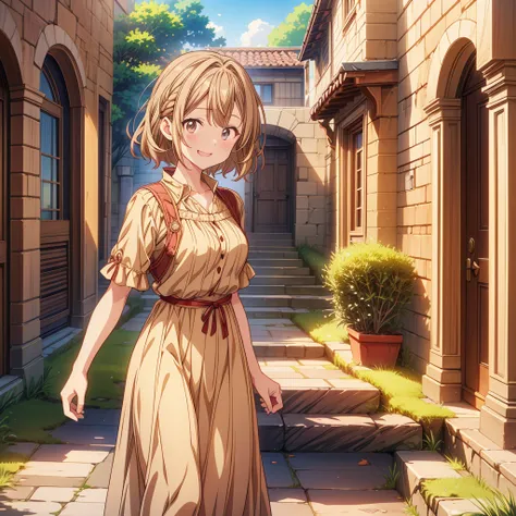 1girl,(anime coloring:1.2), best quality, looking at viewer, happy smile,short wavy hair, chestnut hair, feminine,(solid Maxi dress), (Light brown color Short sleeve Maxi dress:1.3),Medieval Europe,Ancient Village,((Fantasy)),900s AD,lively square,