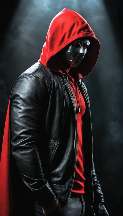 in a side pose, a mysterious man stands against a dark and mysterious background. His red hood and mask give him an air of secrecy., while your headphones suggest the music that keeps you company in this dark world.