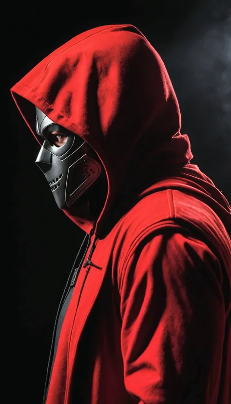 in a side pose, a mysterious man stands against a dark and mysterious background. His red hood and mask give him an air of secrecy., while your headphones suggest the music that keeps you company in this dark world.