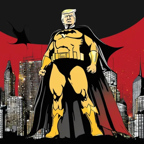 I want an art of Donald trump black and gold with a red and gold background The image must focus on Donald trump full body batman costume with walls or buildings in the background..