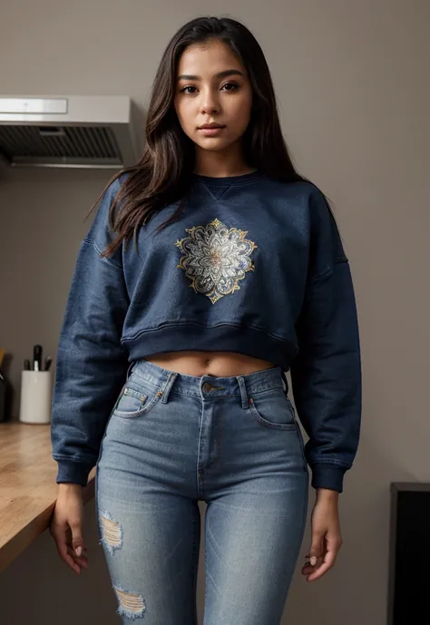 gorgeous young colombian woman  jeans and sweatshirt