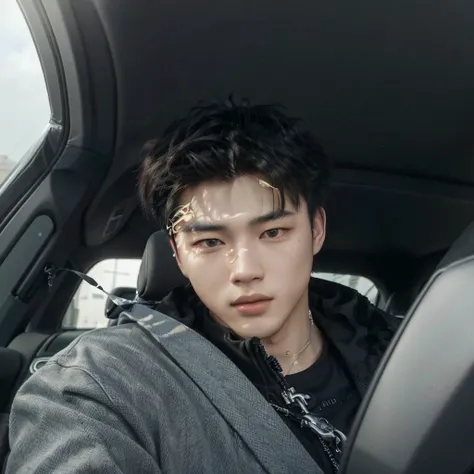 there is a man sitting in a car with a phone in his hand, asian man, damien tran, taken at the beginning of 2020, steven jung, profile picture with headshot, hyung tae, Ruben Wu, Steve Zheng, cai xukun, Lindo Chad Chin, cute japanese demon boy, yanjun chen...