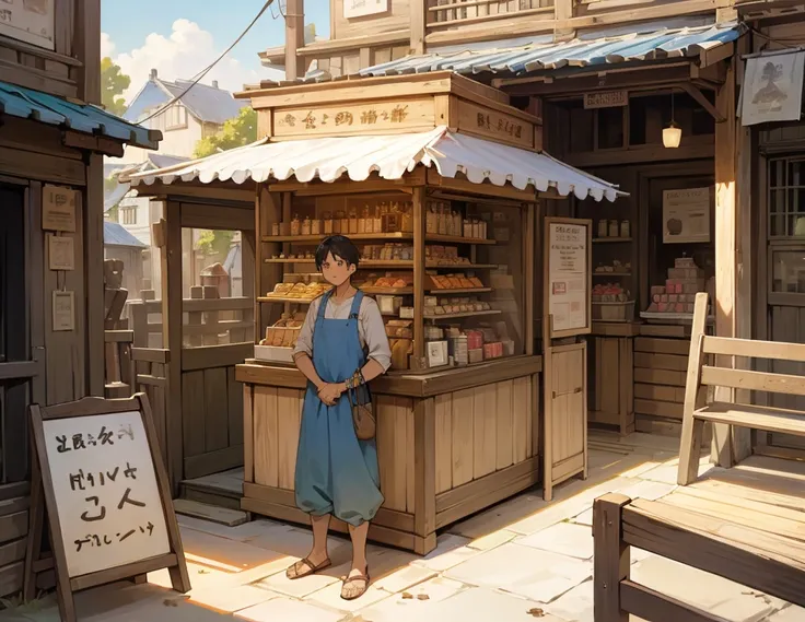 A village man who stand in sweet shop and a shpokeeper measure sweets