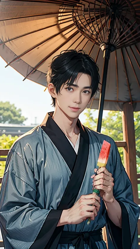 Japanese men、Black Hair、Short Hair、handsome man、30 years old、Handsome、Height: 180 cm、Wearing a gray yukata、Holding an ice lolly in his hand。Smiling and laughing、Two on the cheek、There are three drops of sweat、Eyes on the ice、Mouth open to eat ice cream、Ext...