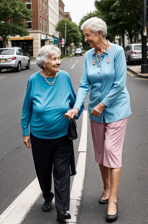 Young man helps elderly woman cross the street 