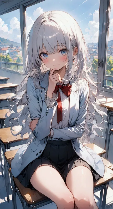 "High-quality anime-style illustration of a cute girl with long silver hair and bright blue eyes, sitting in a classroom. She is wearing a  with a white blazer, red bow, and black skirt. The girl is looking slightly to the side with a shy expression, her h...