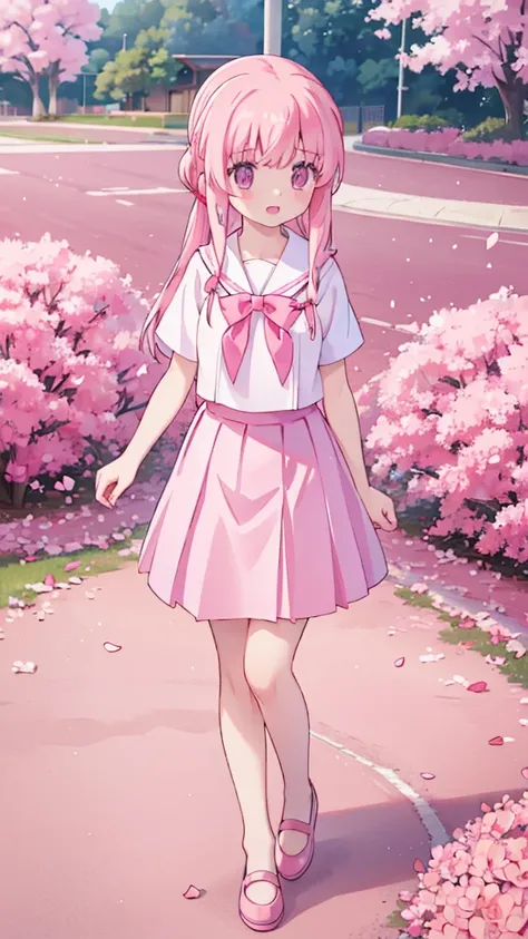 1girl solo pink hair, pink eyes with love, detailed eyes, straight hair, straight bangs, shiny hair,
,red bowtie,purple skirt,purple shirt,pleated skirt,short sleeves,looking at the bottom, laughter , open mouth, pink sakura trees and pink grass, in the mi...