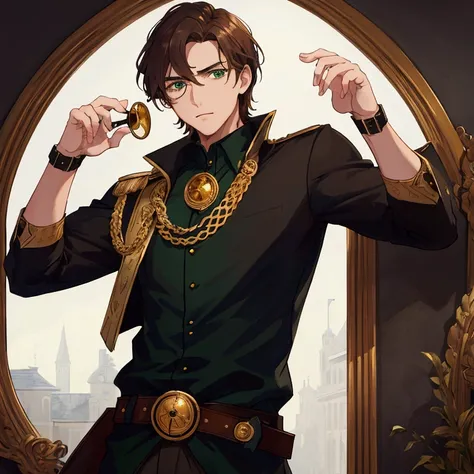 masterpiece, best quality, simple background, portrait, solo, guy, brown hair, green eyes, monocle on his left eye, dark blue mantle, gray shirt under the mantle, brown belt belt, gold bar on the belt