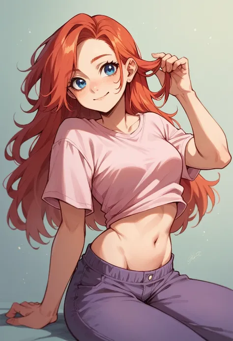 cute redhead girl with long red hair, blue eyes, pink top shirt, purple pants, big bare belly