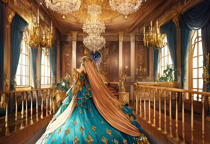 Highest quality,masterpiece,A glittering castle ballroom,Large staircase,Fantasy,Concept Art,middle ages,high resolution,4K,Atmospheric,Detailed Description,ground-level shot,アニメ 