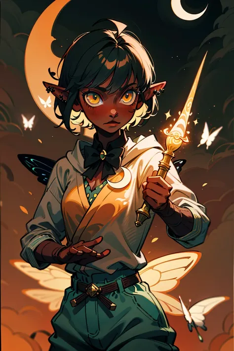 absurdres, 1girl, androgynous, cowboyshot, tachi-e, best aesthetics, dark skin, black hair, short hair, ahoge, bangs, yellow eyes, sparkling eyes, ethereal, butterfly hair ornament, elven ears, crescent moon, glowing butterfly, butterfly bowtie, flat chest...