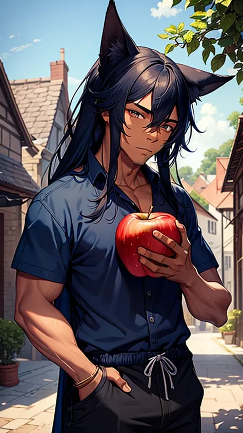 a handsome black man with a fit physique, long blue hair, feline ears, front view, in a village setting, eating an apple, 4k, high detail, best quality, masterpiece