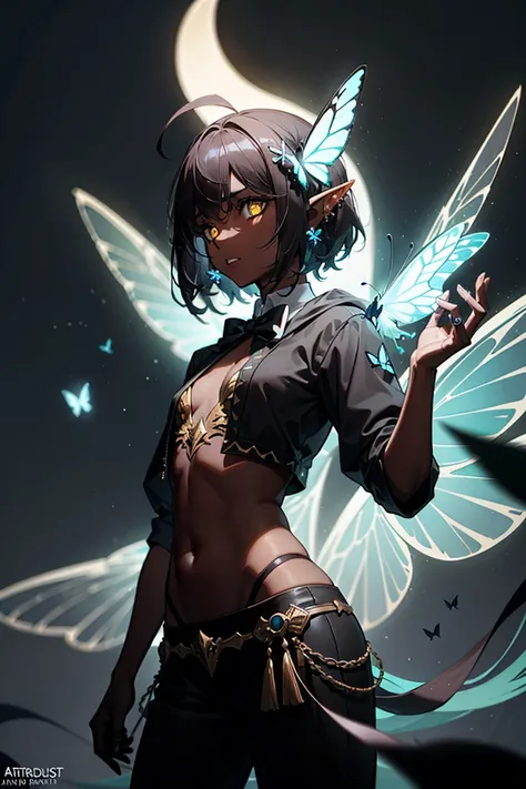 absurdres, 1girl, androgynous, cowboyshot, tachi-e, best aesthetics, dark skin, black hair, short hair, ahoge, bangs, yellow eyes, sparkling eyes, ethereal, butterfly hair ornament, elven ears, crescent moon, glowing butterfly, butterfly bowtie, flat chest...