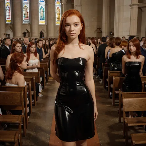 tween girl wearing a long strapless latex tube dress, standing in a church, ((with lots of  people)), ((red hair))