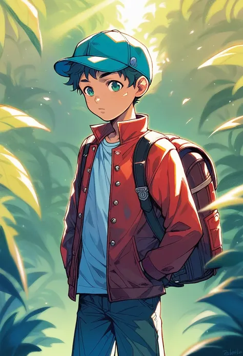 (((Masterpiece))), best quality, cowboy shot, perfect anatomy, realistic face, outdoors, sunny, warm sunlight, backlighting, dramatic lighting, painterly 1boy, (((shota))), wavy hair, solo, red jacket, three quarter view, cap, backpack, hand in pocket