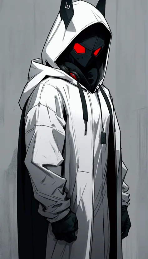 In a frontal pose, a mysterious man stands against a dark and mysterious background. His white hood and mask give him an air of secrecy., while your headphones suggest the music that keeps you company in this dark world. INFO