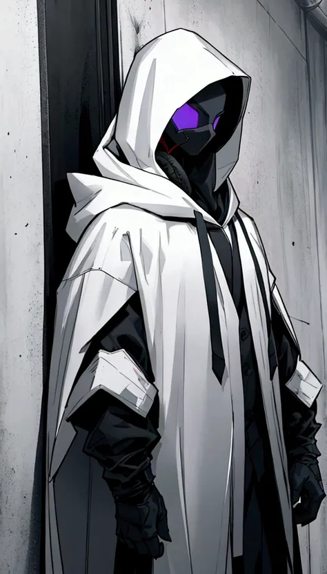 In a frontal pose, a mysterious man stands against a dark and mysterious background. His white hood and mask give him an air of secrecy., while your headphones suggest the music that keeps you company in this dark world. INFO