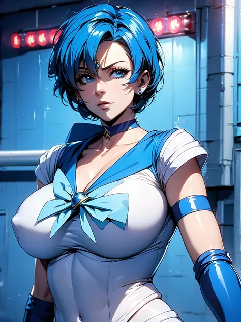 Sailor mercury in full police  suit,long blue hair,Blue Power Ranger, hurricane ,Sexy goth woman big breast, character sheet,inside a pool,High Resolution, Large breasts, cyber samurai,
￼