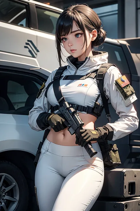 Woman in white holding a rifle and wearing headphones, 24 year old woman, young soldier, mechanized young soldier, Military Girl, beautiful female soldier, Female lead character, Military Girlราบ, Girls sniper at war, solo female character, Future combat e...