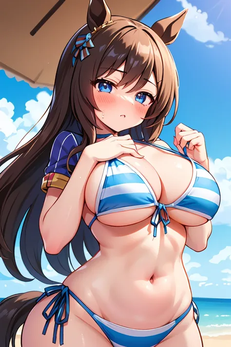 (((big ,巨大なchest)))Object Helium | Uma Musume: Pretty Derby,Browsing Caution,1 girl,,,chest,尖ったchest,chestの谷間,Underbust,Side Bust Barbosa,(blush),((Embarrassing)),Spread and masturbate(((White and light blue striped bikini)))round 1(((chestを持ち上げる)))((View ...