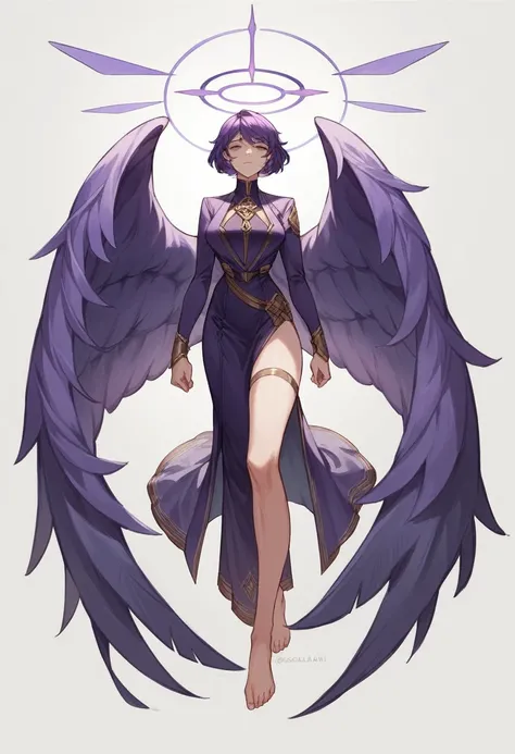 1 girl, goddess(gallant, cool beauty, purple short hair, deep purple suit), barefoot, halo, turn around, big wings,