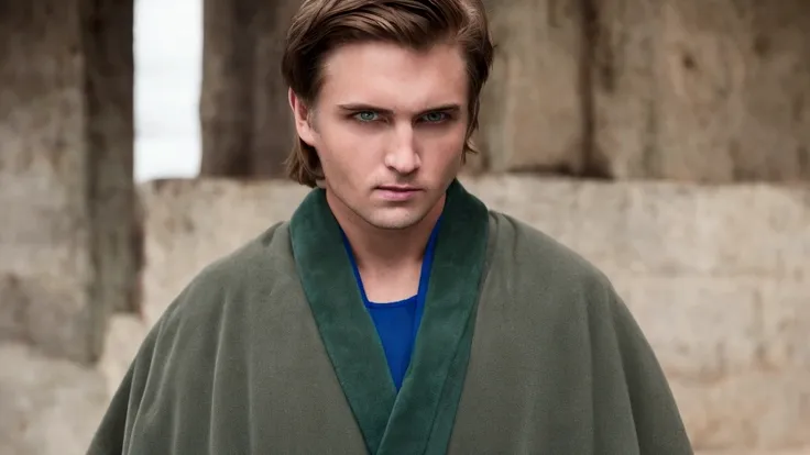 guy, brown hair, green eyes, dark blue robe, gray shirt under the robe