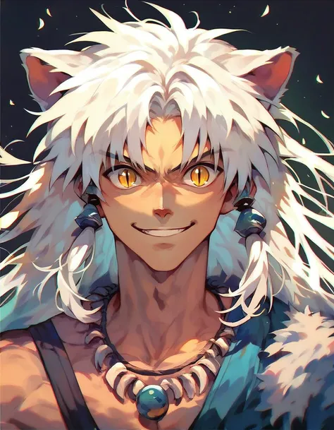 in ru_ta artstyle, 1boy, inuyasha, male focus, animal ears, solo, white hair, slit pupils, dog ears, long hair, yellow eyes, necklace, jewelry, smile, 