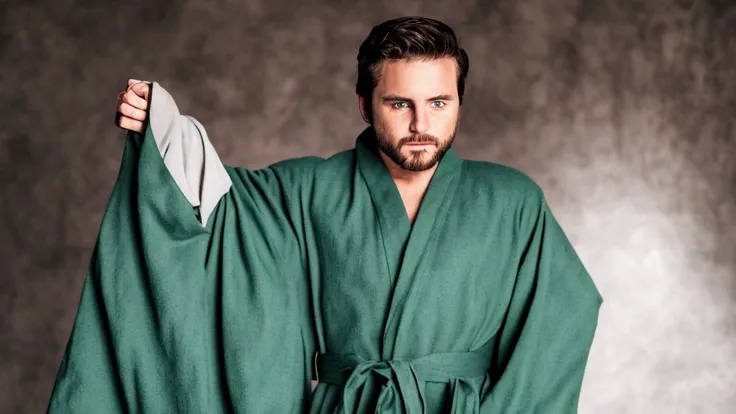 guy, brown hair, green eyes, dark blue robe, gray shirt under the robe