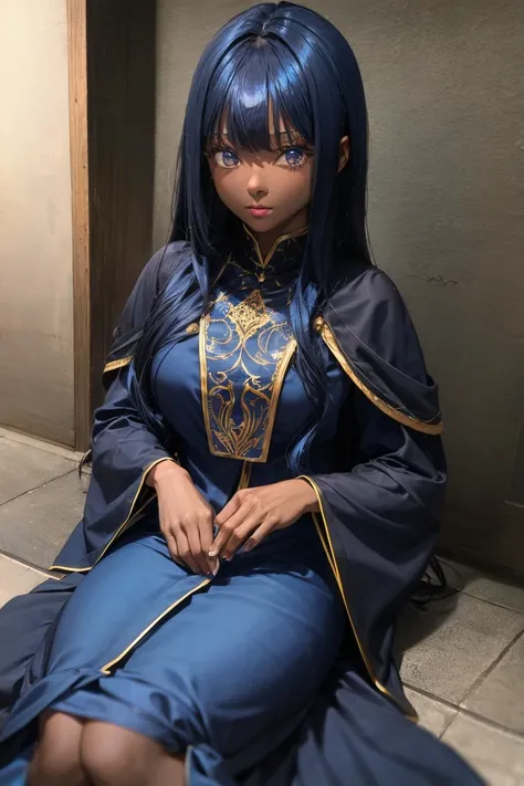 Dark skin blue hair anime girl medieval dress long