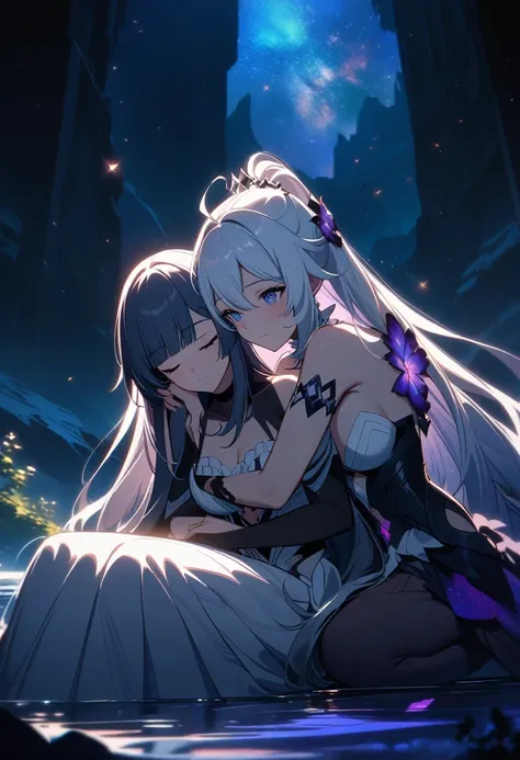 a beautiful detailed yuri scene of 2girls, Kiana Kaslana (Herrscher of Finality) and Raiden Mei (APHO), (Honkai Impact 3rd), very long hair, ponytail, (lap pillow:2.0), in a scenic landscape with mountains, a lake, and a starry nebula sky, romantic atmosph...