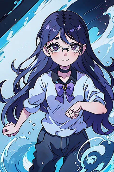 This is a closeup of an anime girl standing with her hand on her head, 1 girl, alone, freckles, glasses, blue hair, long hair, pointed ears, round glasses, hair bow, "purple bow on head" clear", choker, black choker, bangs. He drowned. :)
