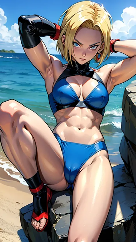 アニメ cel-shading (Android 18), blue bikini, on the beach in ((anime + manga + comics + cartoon) style) 