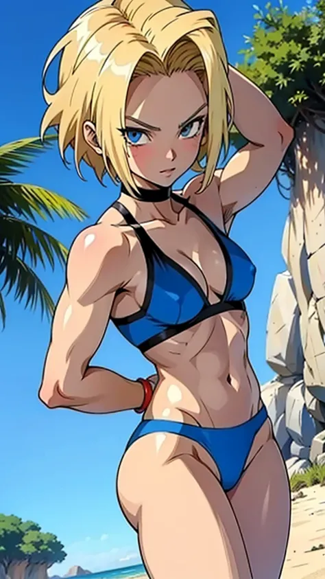 アニメ cel-shading (Android 18), blue bikini, on the beach in ((anime + manga + comics + cartoon) style) 