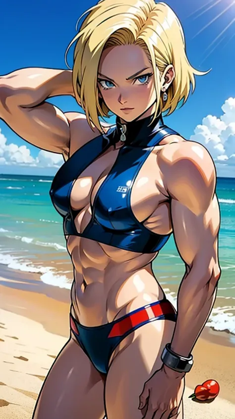 アニメ cel-shading (Android 18), blue bikini, on the beach in ((anime + manga + comics + cartoon) style) 