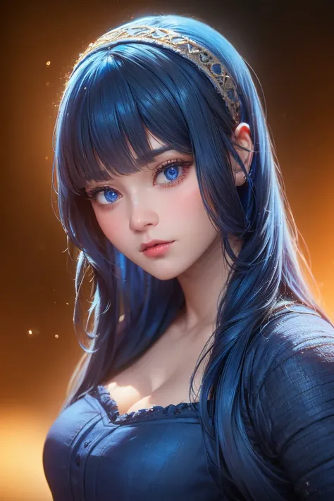 A detailed, high-quality portrait of a girl with cyan blue hair, dark skin, wearing a long, medieval-style blue dress, (best quality,4k,8k,highres,masterpiece:1.2),ultra-detailed,(realistic,photorealistic,photo-realistic:1.37),highly detailed face,beautifu...