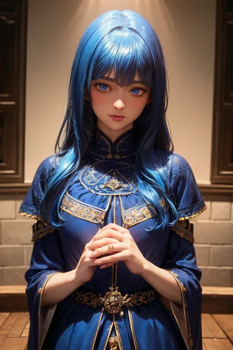 A detailed, high-quality portrait of a girl with cyan blue hair, dark skin, wearing a long, medieval-style blue dress, (best quality,4k,8k,highres,masterpiece:1.2),ultra-detailed,(realistic,photorealistic,photo-realistic:1.37),highly detailed face,beautifu...