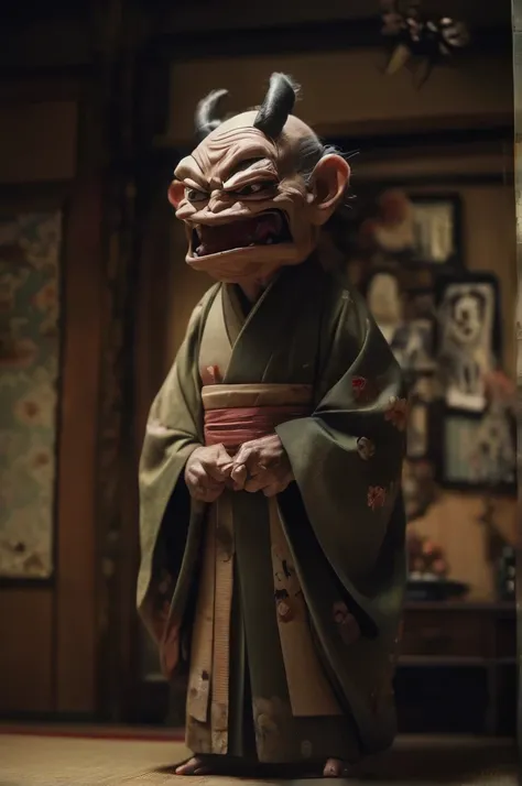 Inside the Japanese-style room、A thin old man wearing a kimono、Big headed monster、Shallow depth of field, Vignette, Very detailed, High budget, Bokeh, CinemaScope, Sulky, amazing, nice, Film Grain, granular . Creepy, Anxious, dark, Creepyな, Suspenseful, st...