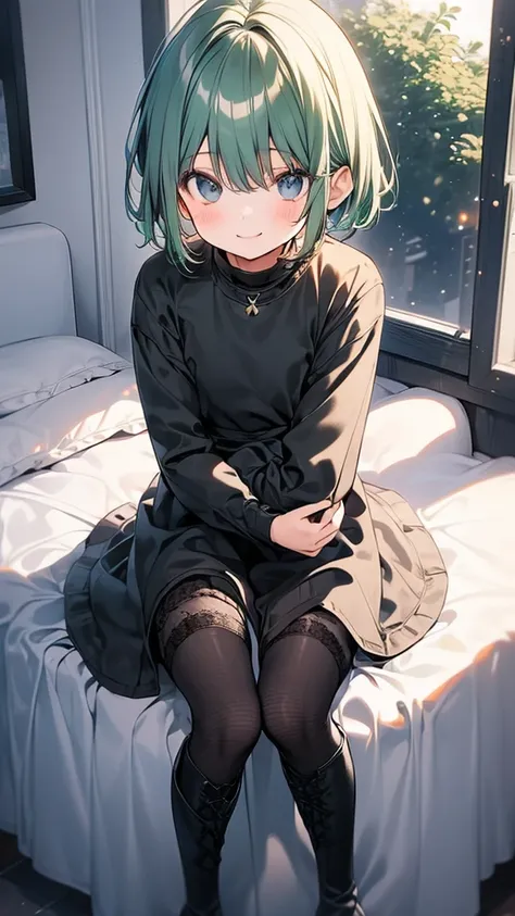 1 girl, loner, room, hugs, toy, Knee-high boots, lacing, short hair, green hair, smile, Cute picture, casual wear, bed, sit on the bed, stockings, window. 