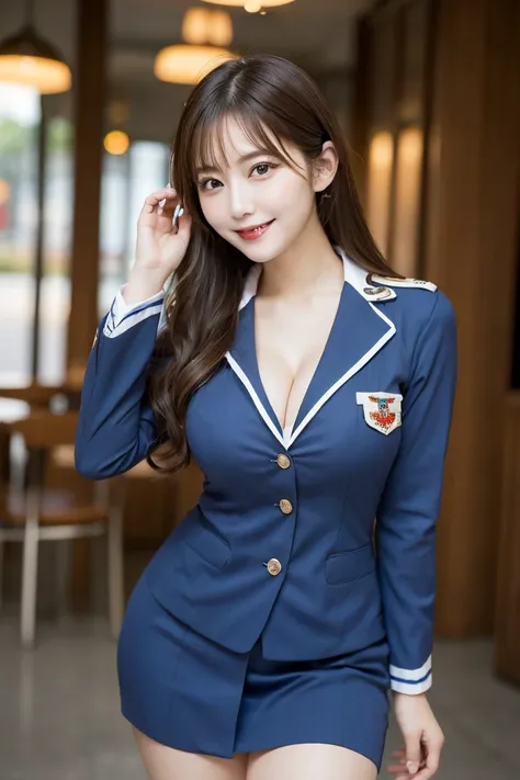 Stewardess Uniform, Highest quality, shape, Very detailed, In detail, High resolution, 8k wallpaper, Perfect dynamic composition, Beautiful details,  Natural Lip, Stewardess Costume, Big Breasts, Cleavage, She is smiling in a cute pose.., A masterpiece of ...