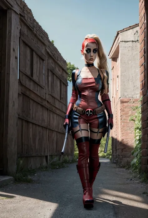 beautiful and sensual lady deadpool in red and black gothic warrior. lady deadpool, black shirt with striped sleeves, denim jack...