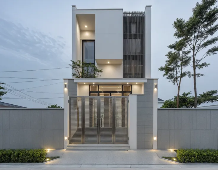 raw photo, a photo of a modern house, (curvilinear chrchitecture:1.4), wabisabi style rounded wall, white wall, steel dark gate,...