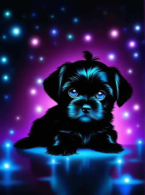 black sih tzu puppy with glowing big bright blue eyes,in the style of dark reflections,background is my little pony,by robby cav...