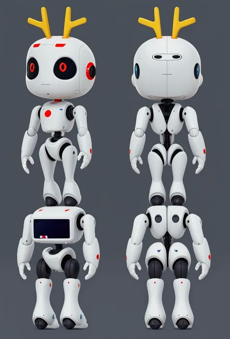 small tender robot like wally-e , short legs, reactangular rectangular head with eyes ((front, side, back views of the same char...